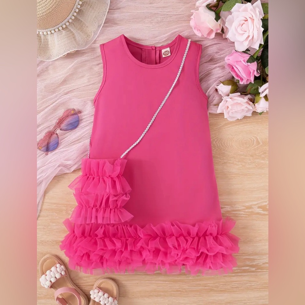 Girls' Sleeveless Round Neck Casual Dress With Tulle Hem And Matching Purse
